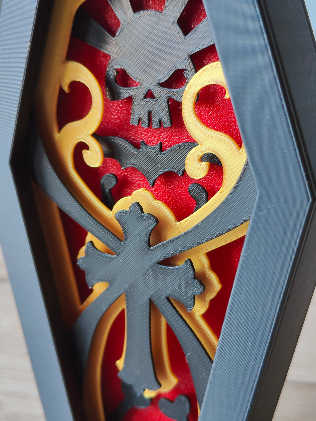Halloween Coffin Shadow Box - side panel cross embossed detail