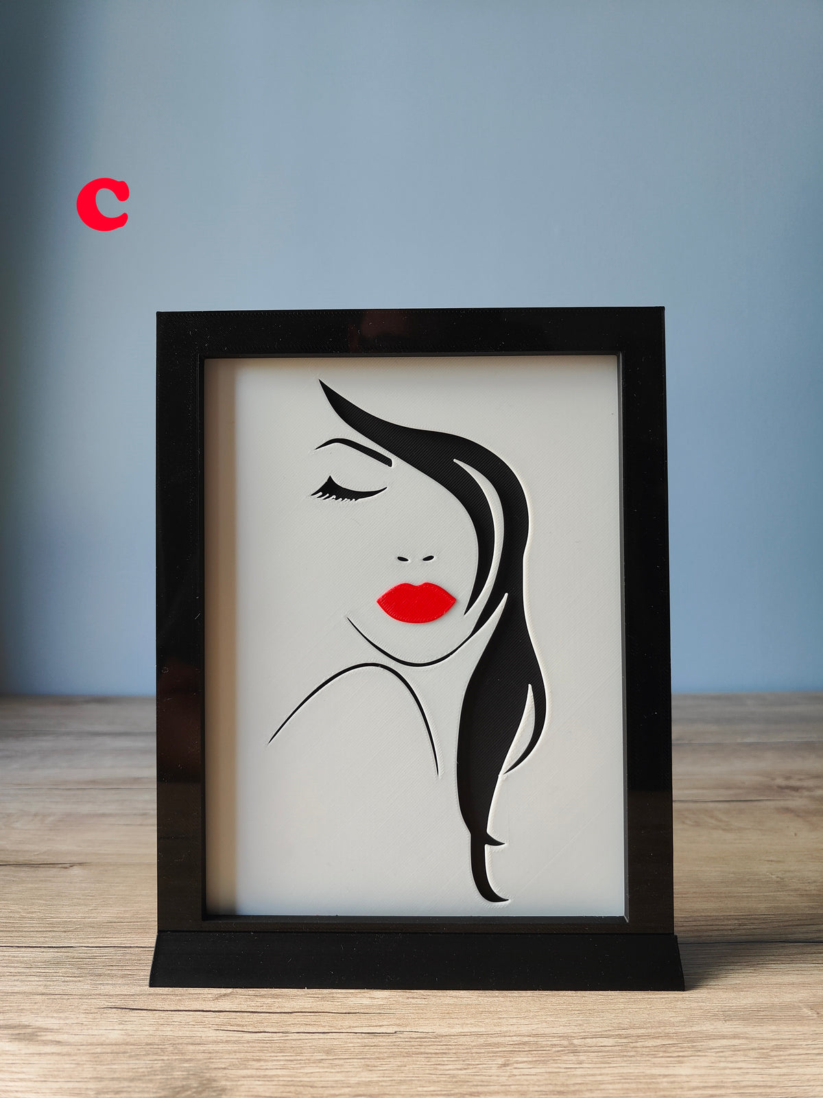 A Woman's Face Shadow Box A - elegant side profile with sweeping black hair and red lips