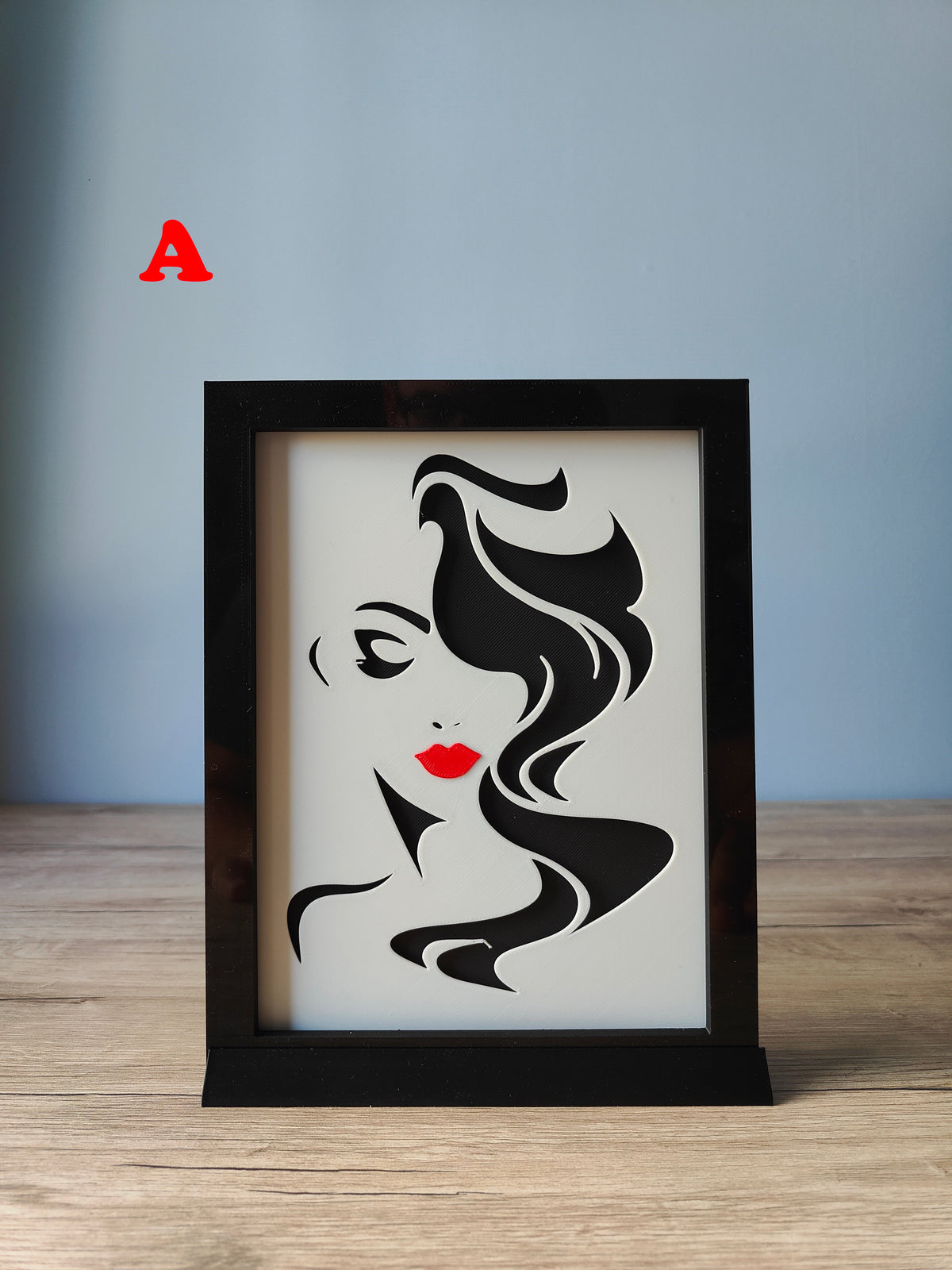 A Woman's Face Shadow Box E - minimal line art portrait with long flowing hair and red lips