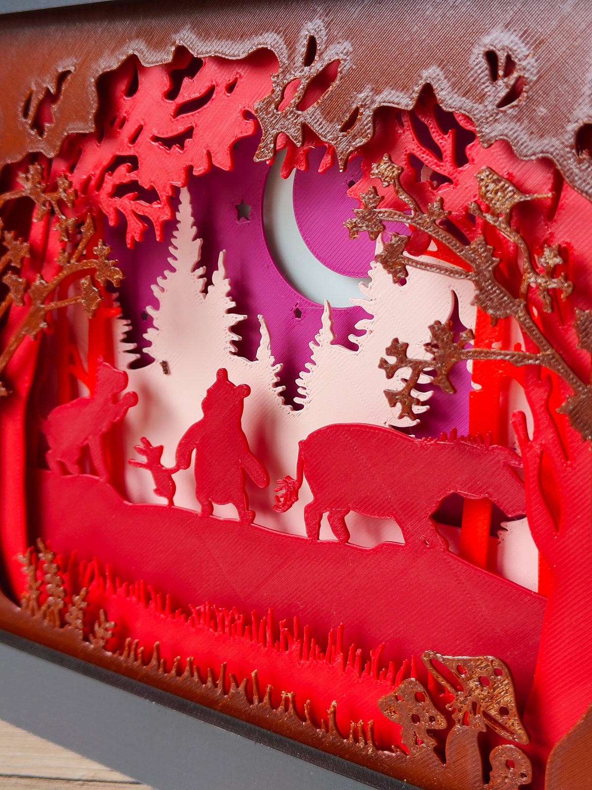 Winnie The Pooh Moonlit Forest Walk Shadow Box - front view on wooden surface