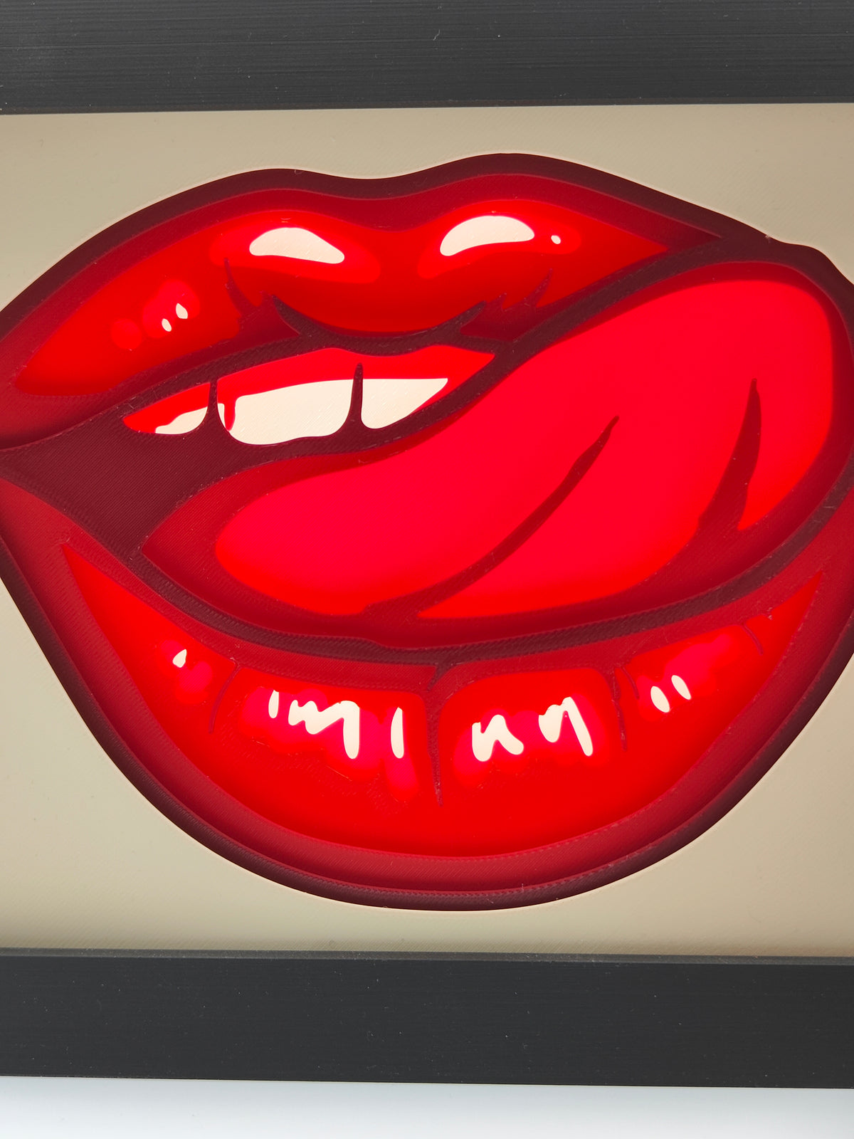 Lips shadow box - close up glowing red with LED backlight