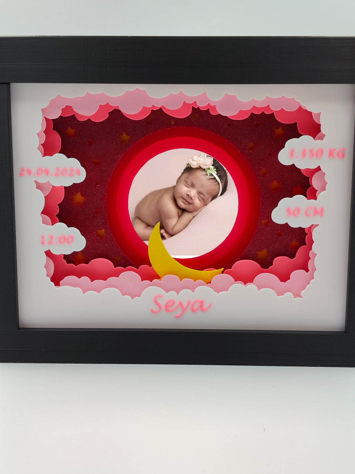 Baby Photo Frame Shadow Box - personalised example with baby photo and birth details for Seya