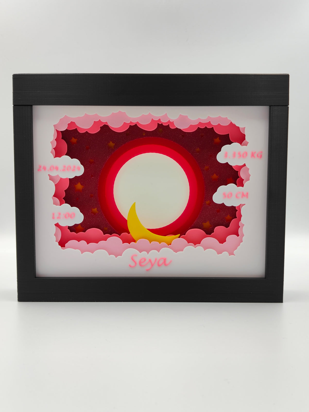 Baby Photo Frame Shadow Box - front view lit showing personalised name Seya and birth details