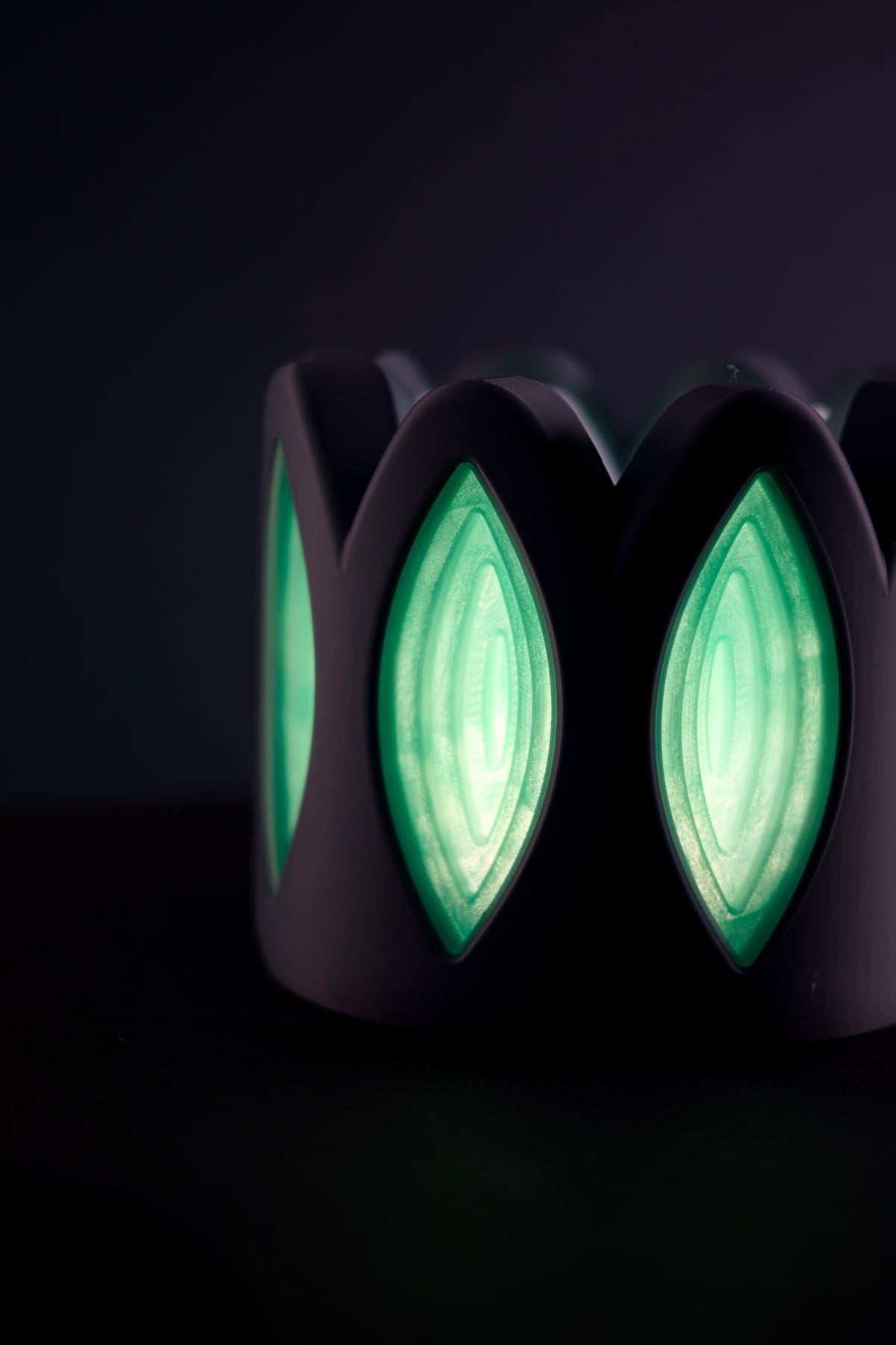 Whimsical Window Desktop Lamp full product shot on dark surface neon green glow cable dark navy background