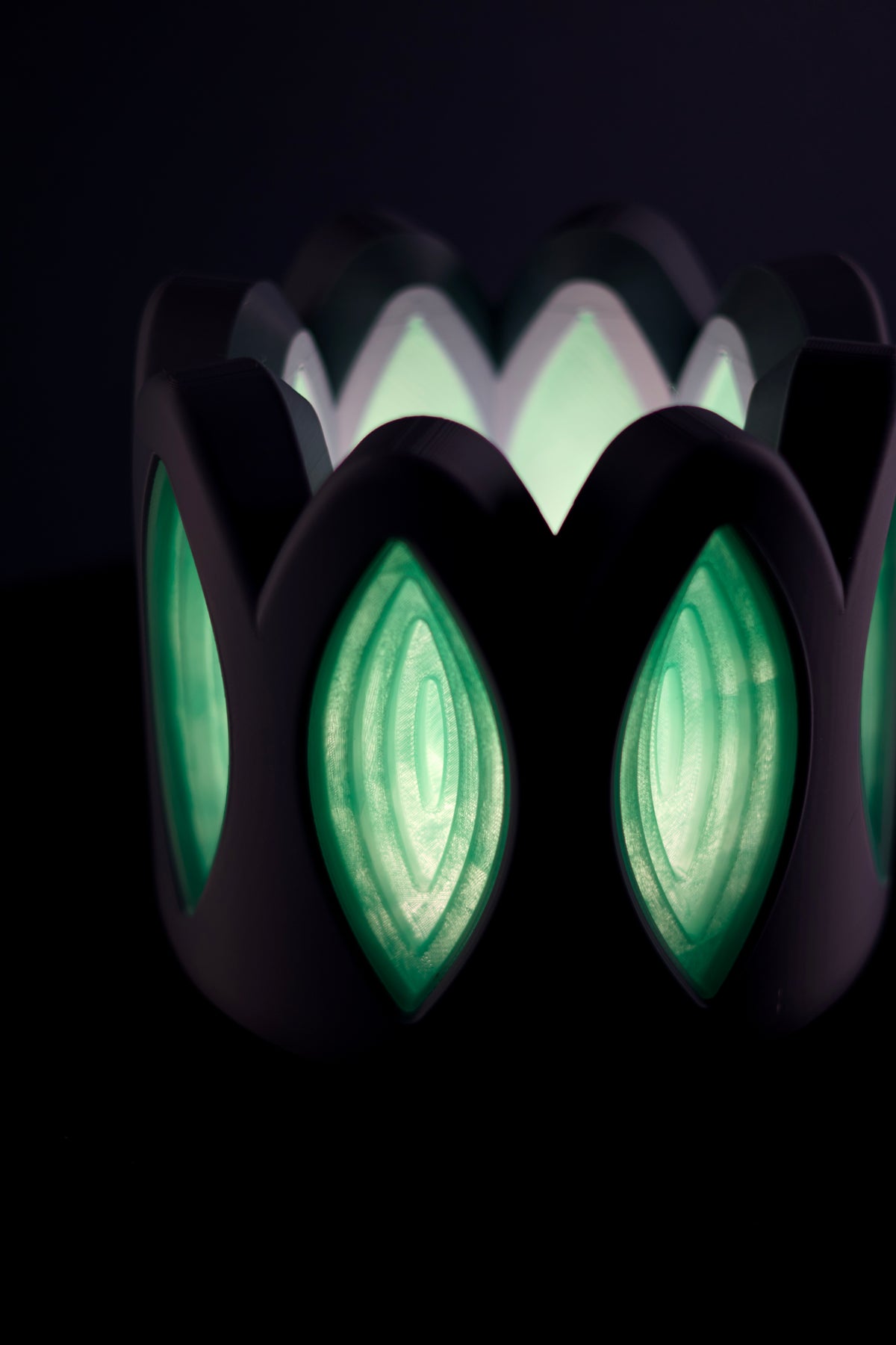 Whimsical Window Desktop Lamp full product shot dark body neon green windows on dark surface dark background