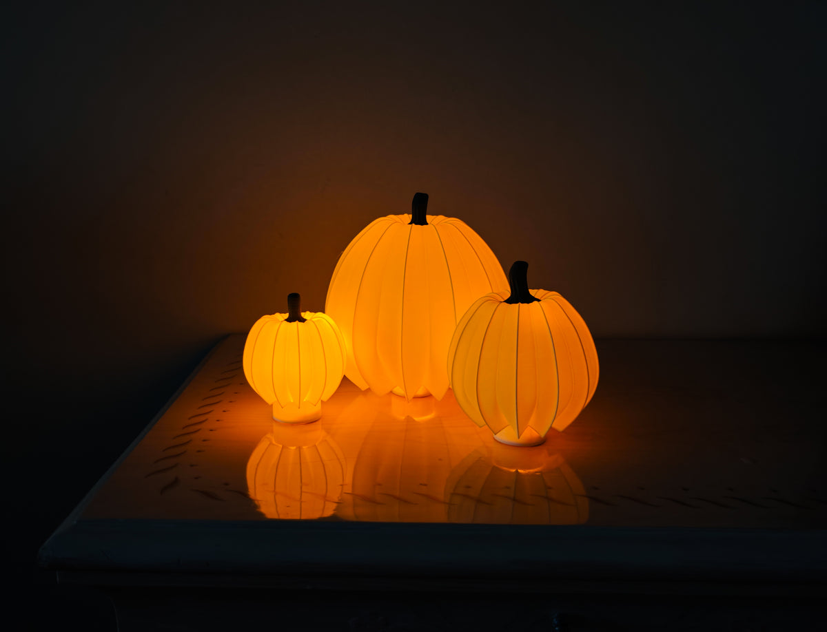 Three white pumpkin forms before shaping