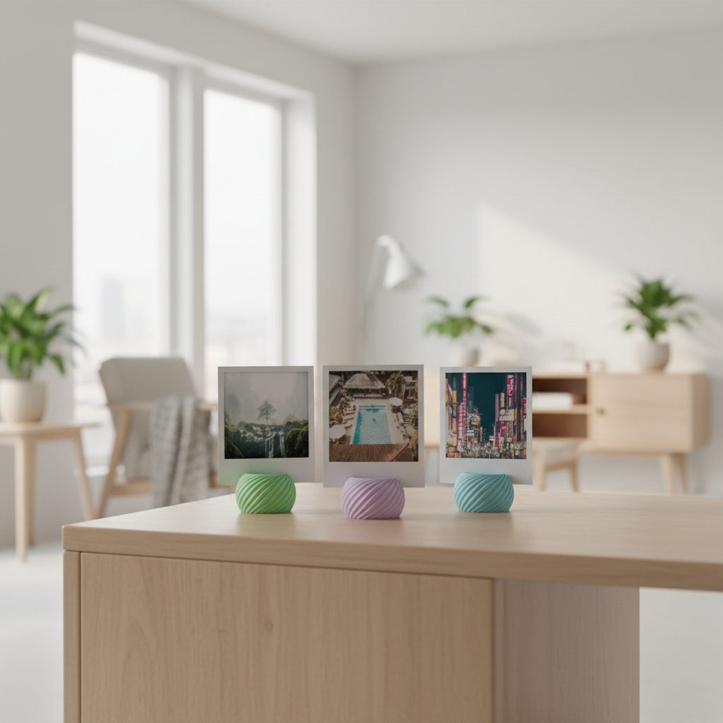 Three Swirl Base Photo Holders compact low rounded pebble swirl twist surface texture mint green lilac purple teal blue matte finish each holding square polaroid print travel nature photos on pale oak sideboard table bright minimal Japandi living room interior soft window light editorial hero shot