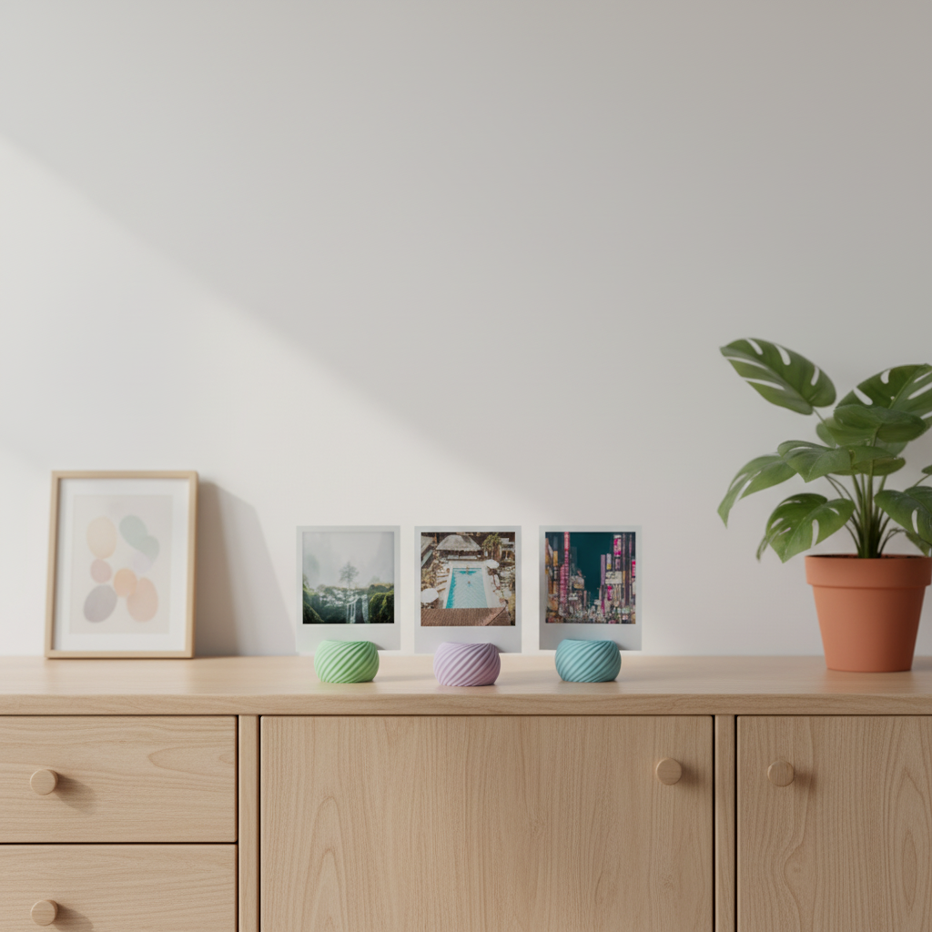 Three Swirl Base Photo Holders compact low rounded pebble swirl twist surface texture mint green lilac purple teal blue matte finish each holding square polaroid print travel nature photos on pale oak sideboard against cream wall abstract art print monstera plant editorial hero shot
