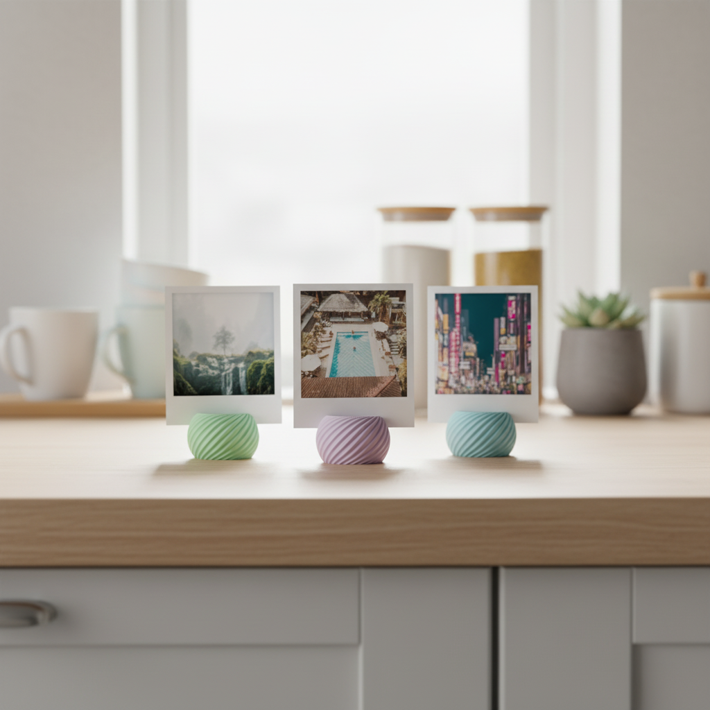 Three Swirl Base Photo Holders compact low rounded pebble swirl twist surface texture mint green lilac purple teal blue matte finish each holding square polaroid print travel nature photos on pale oak kitchen counter white mugs bamboo lid glass jars succulent morning window light editorial hero shot