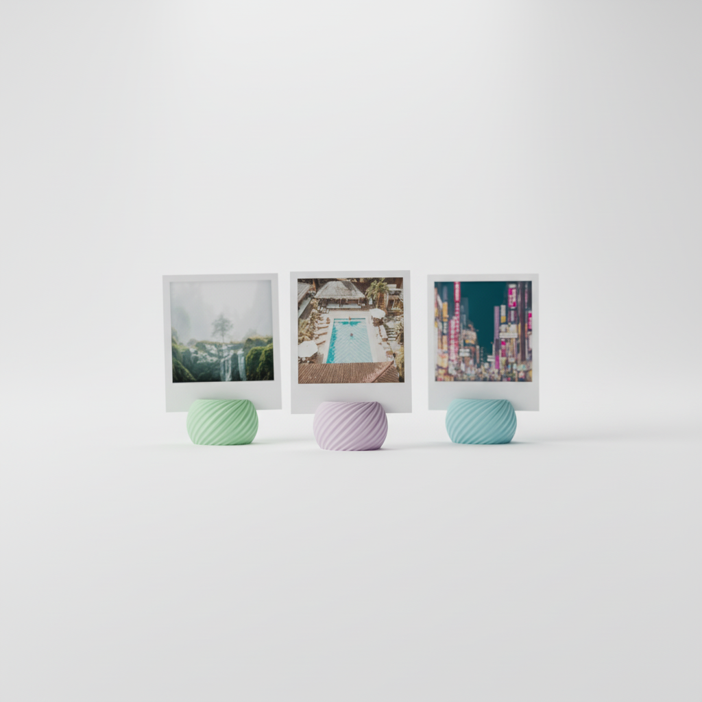 Three Swirl Base Photo Holders compact low rounded pebble swirl twist surface texture mint green lilac purple teal blue matte finish each holding square polaroid print travel nature photos pure white studio background editorial hero product shot