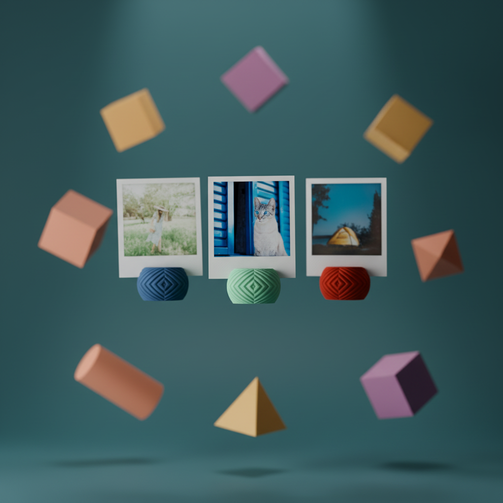 Three Geometric Mini Photo Holders compact low rounded pebble form raised diamond lattice geometric surface texture navy blue mint green red matte finish each holding square polaroid print floating mid air surrounded by colourful 3D geometric shapes cubes spheres pyramids teal background editorial hero shot