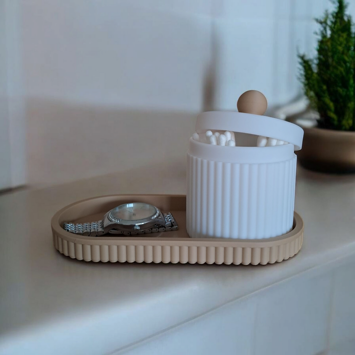 Ribbed Organiser Set — Tray & Jar with Lid