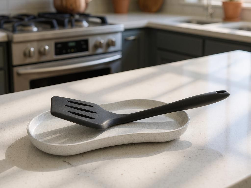 Kitchen Utensil Tray - beige/natural colourway with black silicone spatula resting on tray, on white marble kitchen island, range cooker in background
