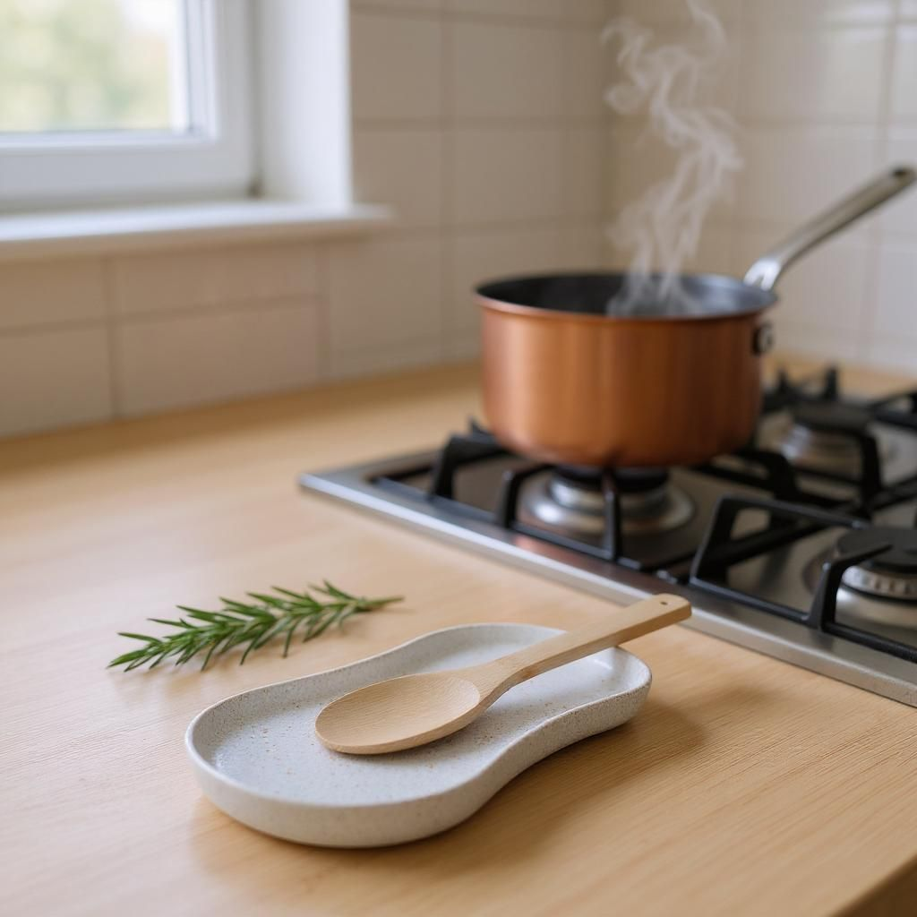 Kitchen Utensil Tray with wooden spoon on wooden counter beside gas hob and steaming copper saucepan