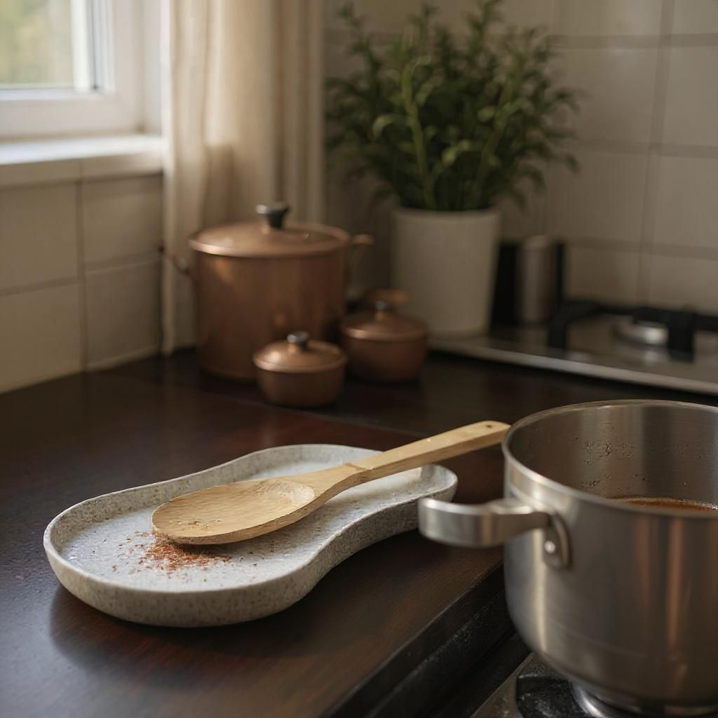 Kitchen Utensil Tray - beige colourway with wooden spoon beside stainless steel pot on dark kitchen counter, copper canisters in background