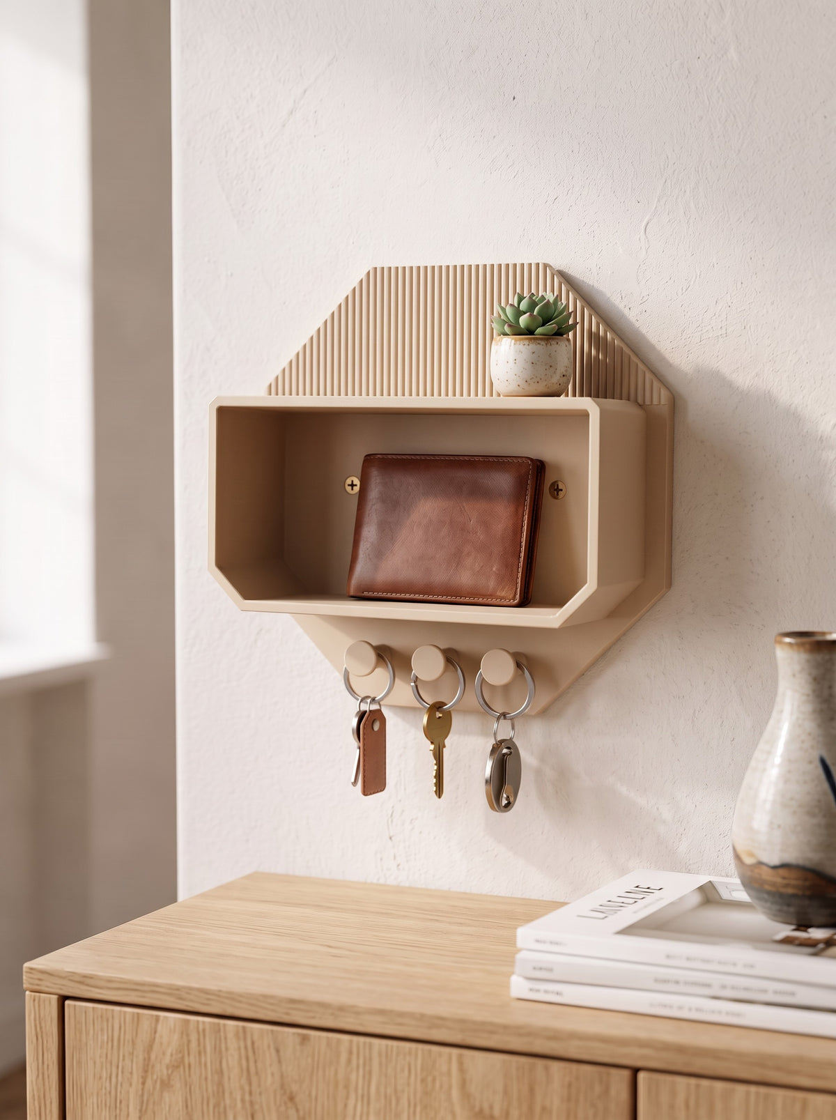 Octagonal beige wall shelf with a succulent, folded wallet and keys on hooks
