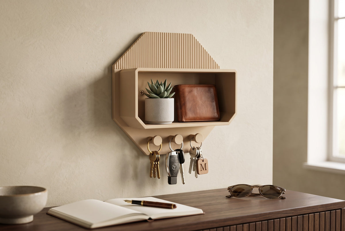Octagonal beige wall shelf with a plant, wallet, sunglasses and keys above a dark wooden desk