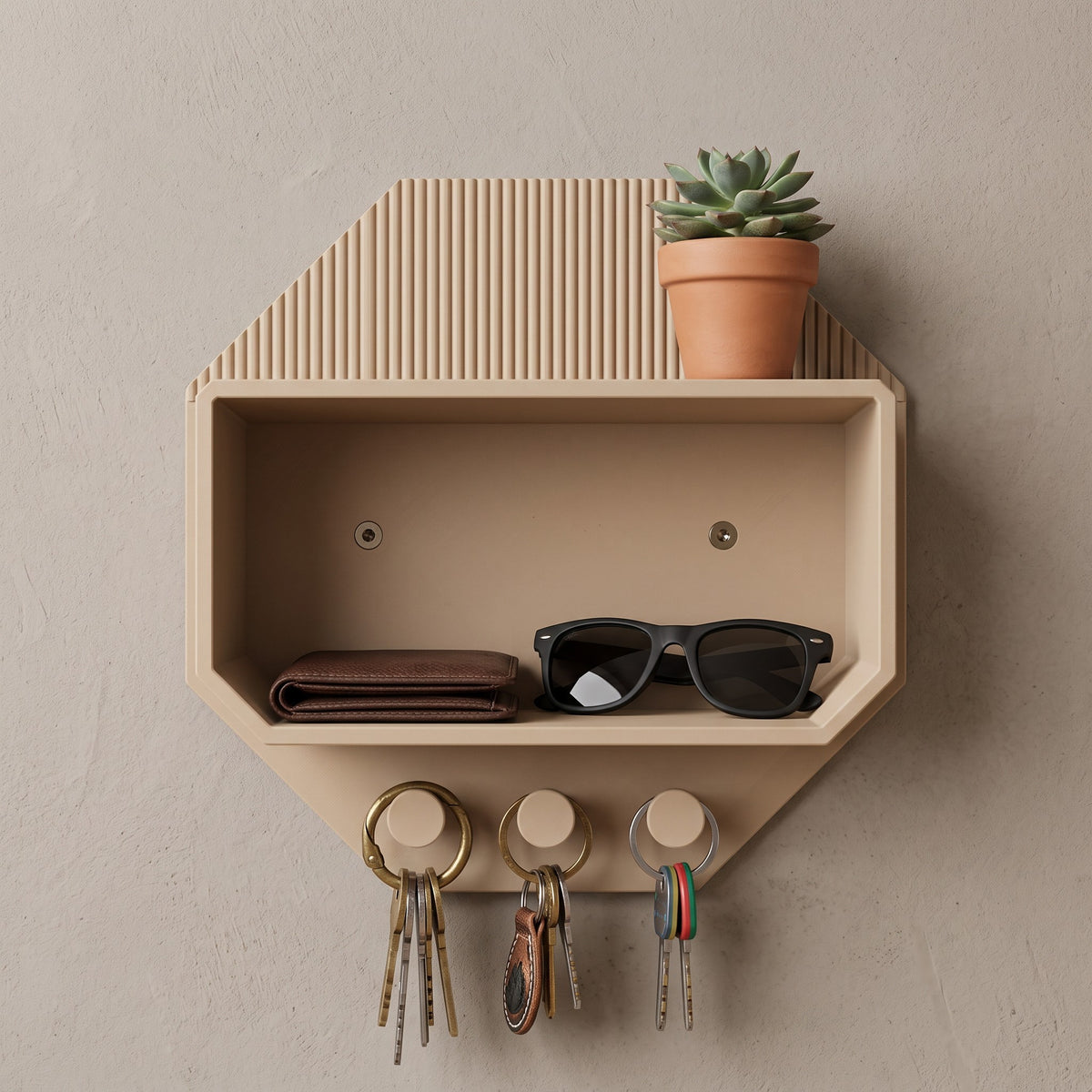 Octagonal beige wall shelf with a plant, wallet, sunglasses and keys in a bright hallway