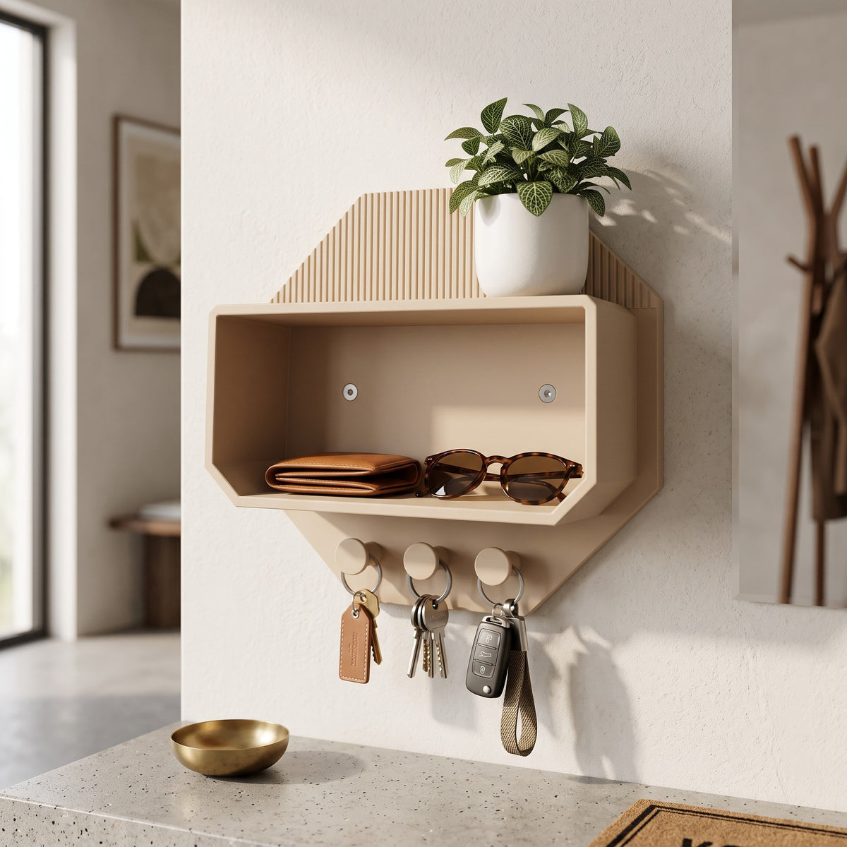 Octagonal beige wall shelf with a plant, brown wallet and keys on hooks