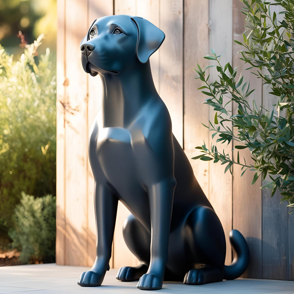Matte black minimalist Labrador statue with smooth lines in an outdoor setting