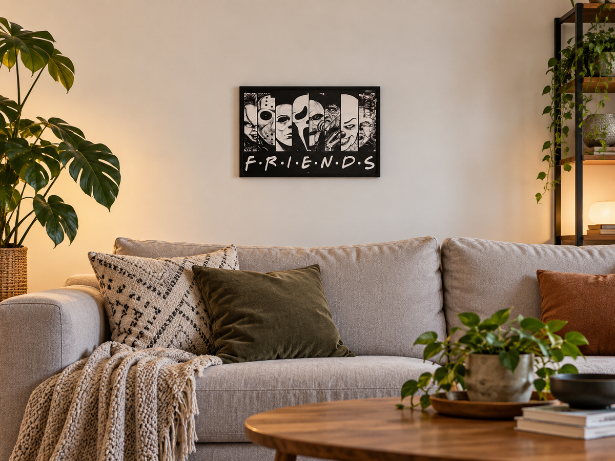 Black-and-white horror character collage wall art displayed above a sofa in a modern living room