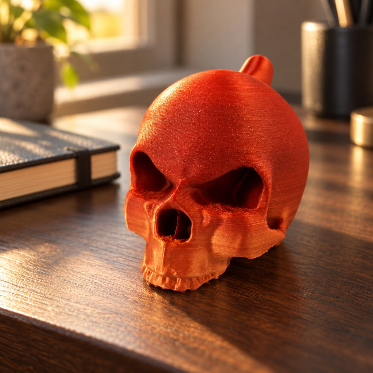 Orange skull ornament displayed on a wooden surface.