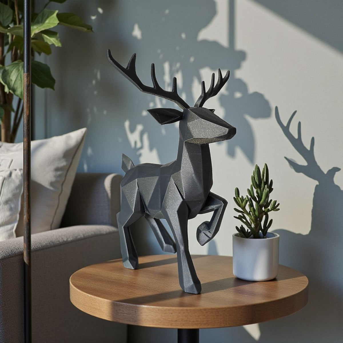 Low poly reindeer on mantelpiece with gold and red baubles