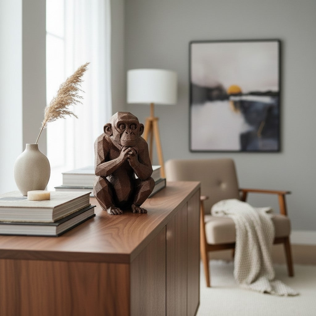 Thoughtful Low-Poly Chimpanzee Sculpture on white sideboard in Scandinavian living room with floor lamp and sofa