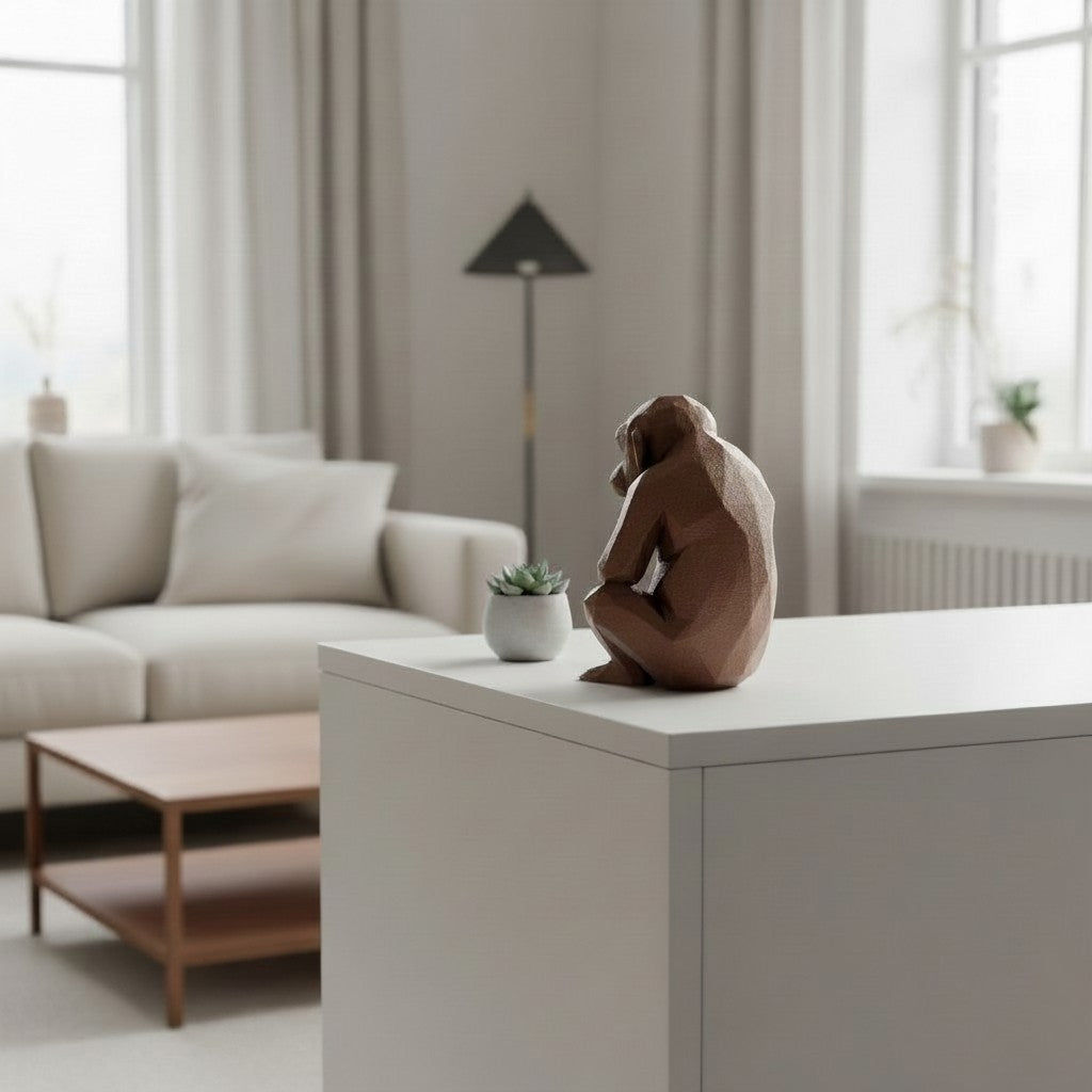 Thoughtful Low-Poly Chimpanzee Sculpture on white sideboard in living room with grey armchair and books