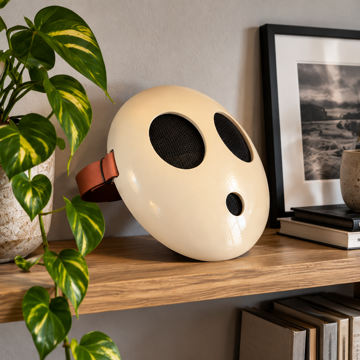 Minimalist cream face mask displayed on a creative studio shelf