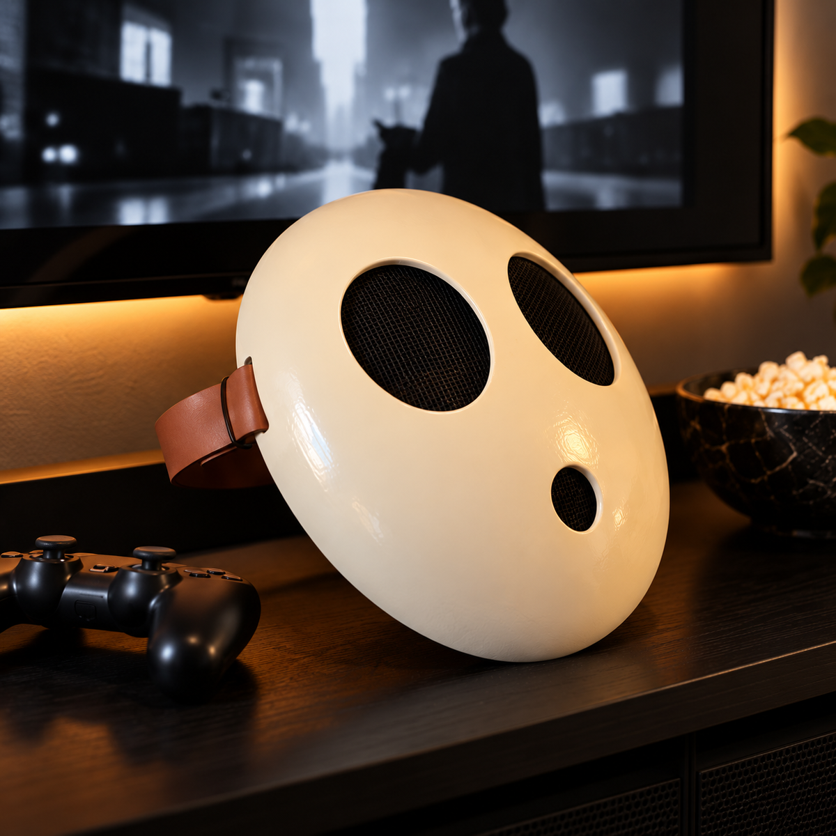 Minimalist cream face mask displayed on a warm bedside table