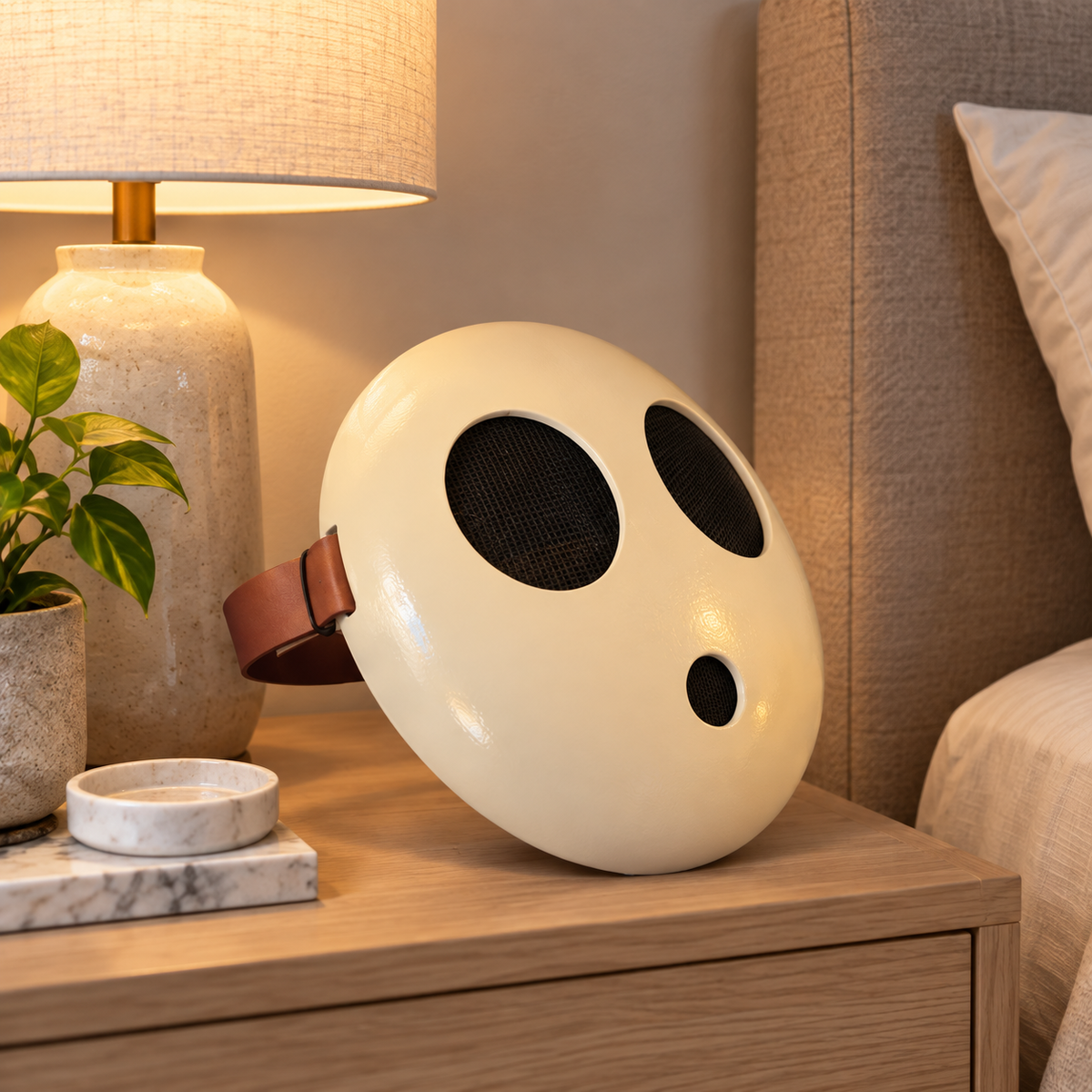 Minimalist cream face mask displayed in a collector cabinet