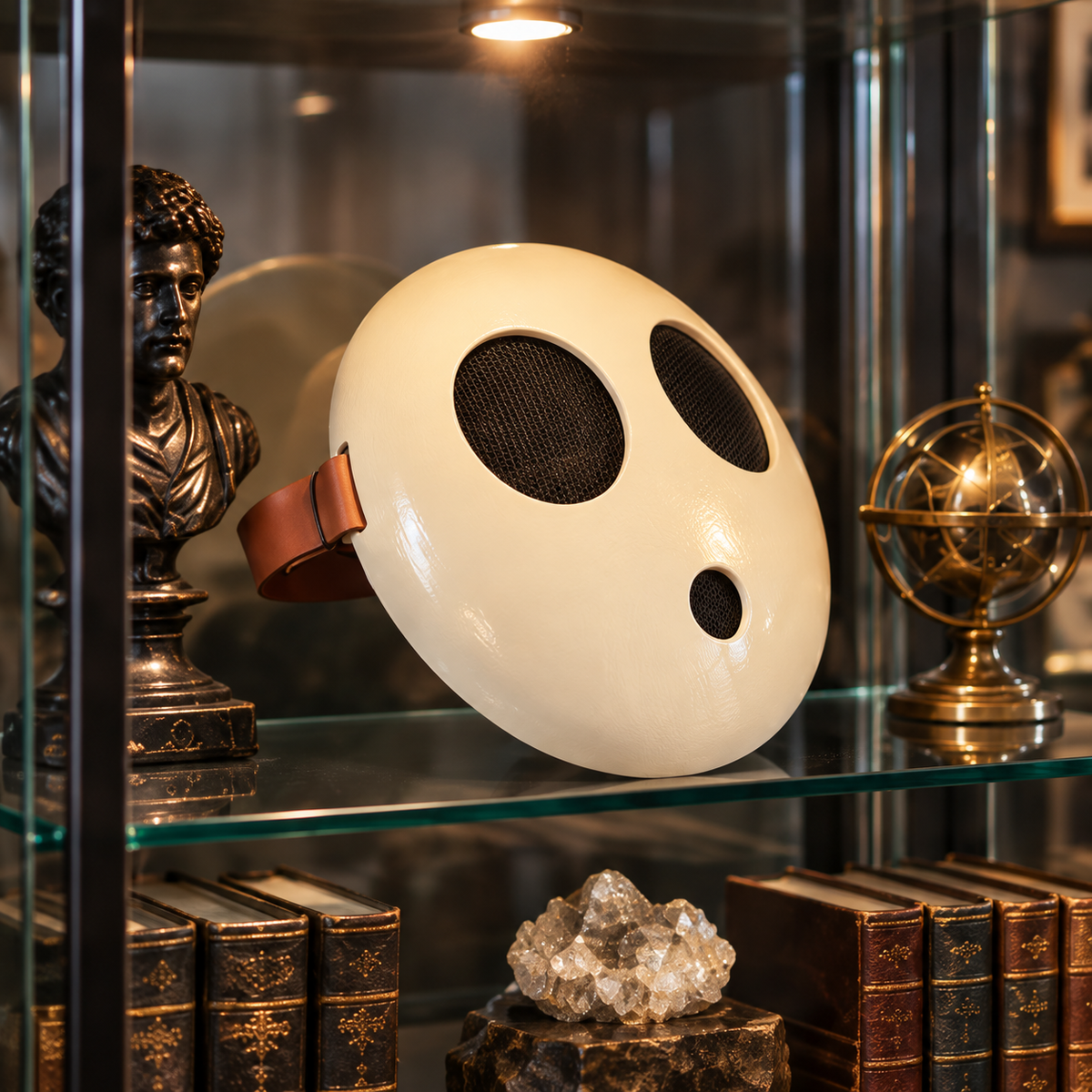 Minimalist cream face mask displayed on a modern wooden console