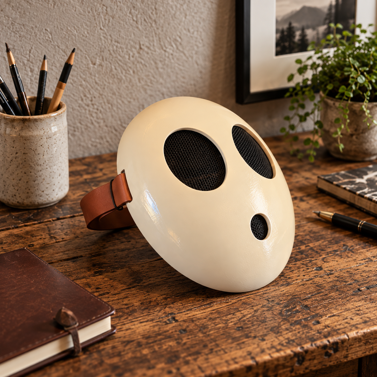 Minimalist cream face mask styled on a neutral sofa