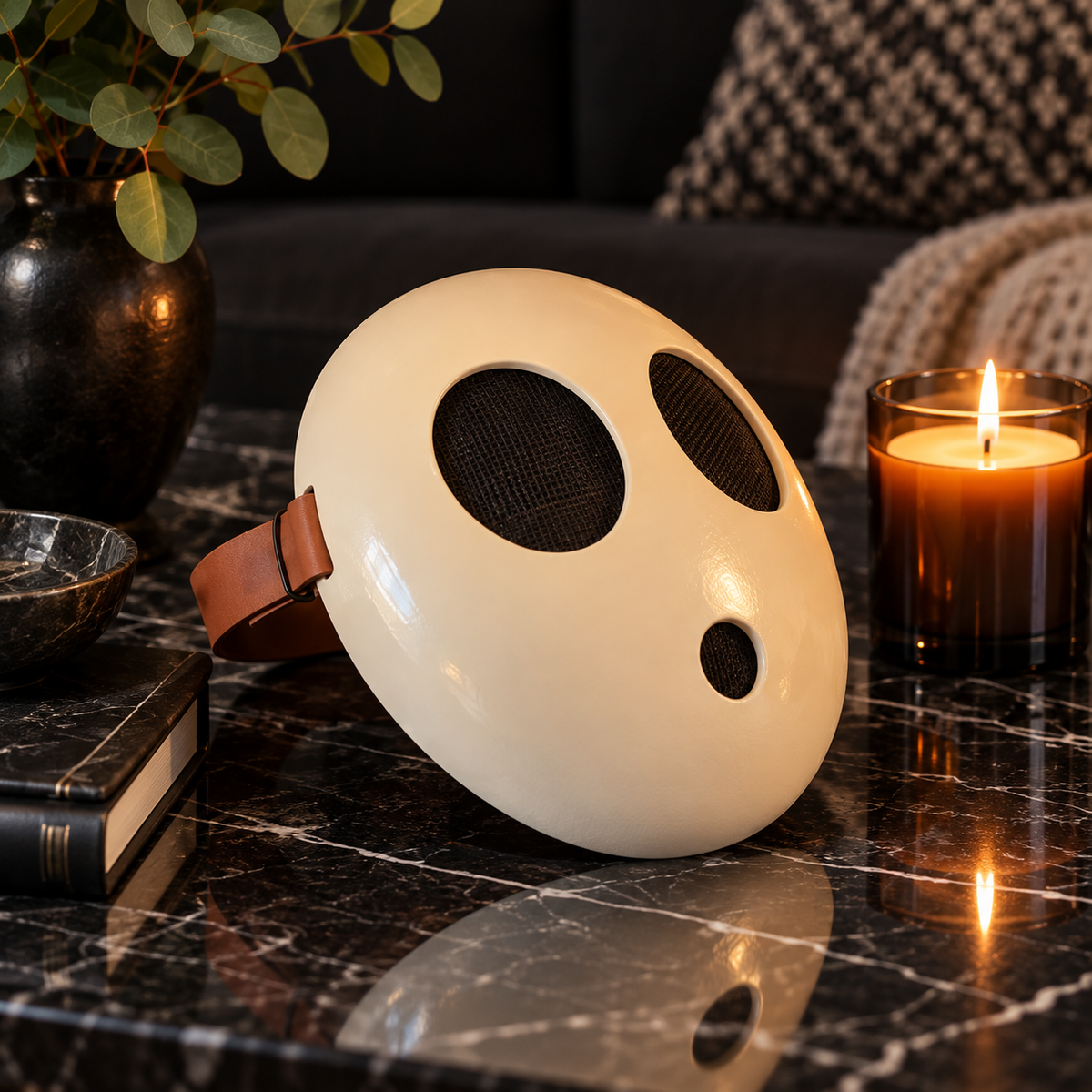 Minimalist cream face mask displayed in a cosy media room