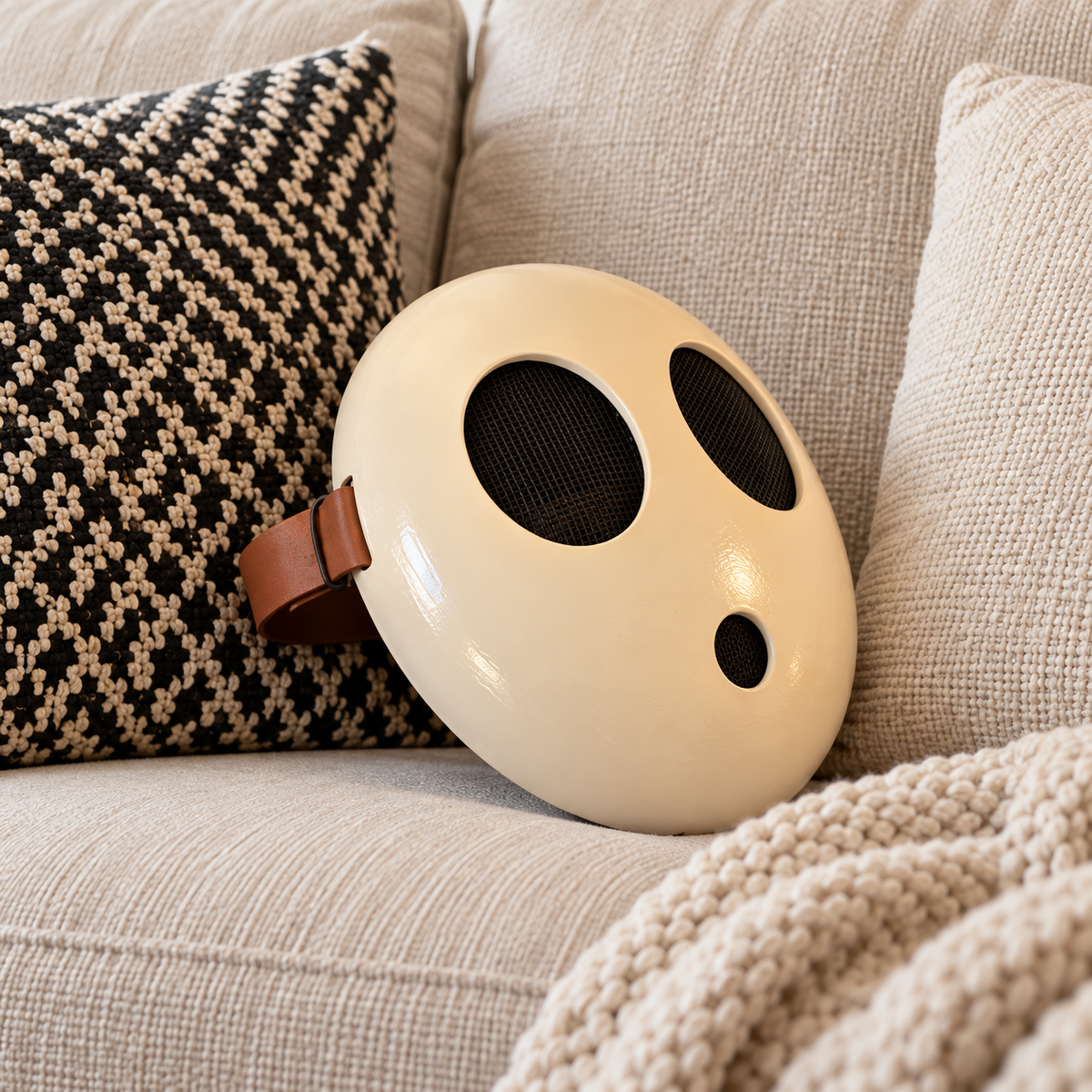 Minimalist cream face mask displayed on a shelf beside a leafy plant
