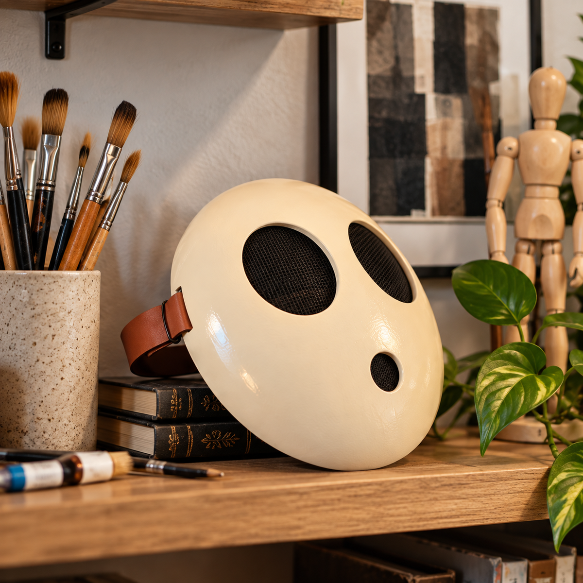 Minimalist cream face mask displayed on a rustic writing desk