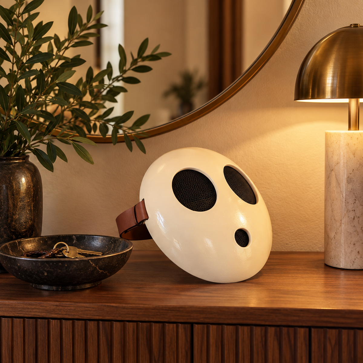 Minimalist cream face mask displayed in a candlelit Halloween setting