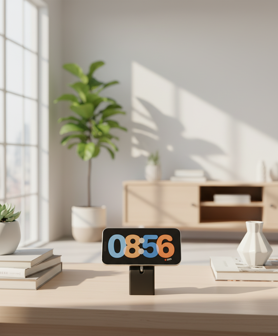 Minimalist MagSafe Charger Stand compact rectangular dock low pedestal base holding smartphone displaying colourful clock pale desk books succulent plant bright contemporary living room hero shot