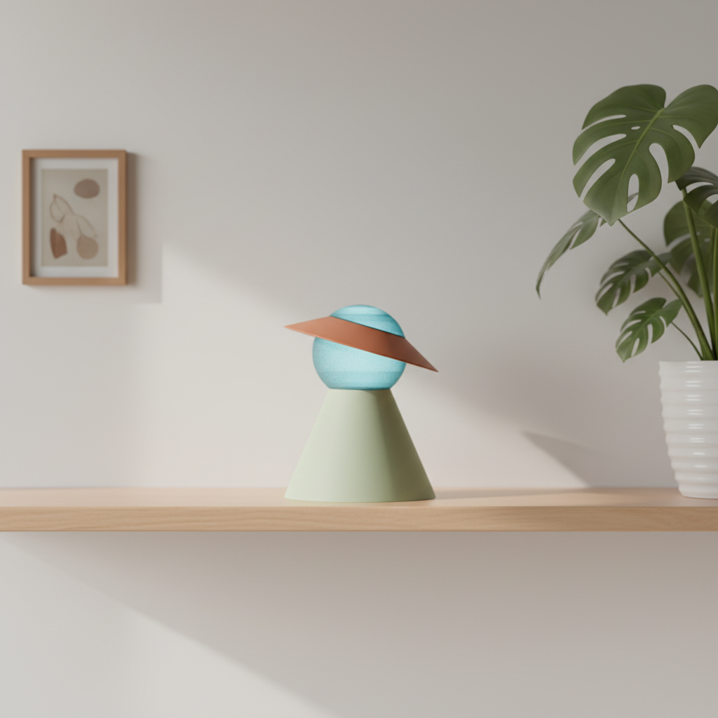 Modern Globe Desk Lamp render on warm oak sideboard framed art succulents cream wall afternoon light