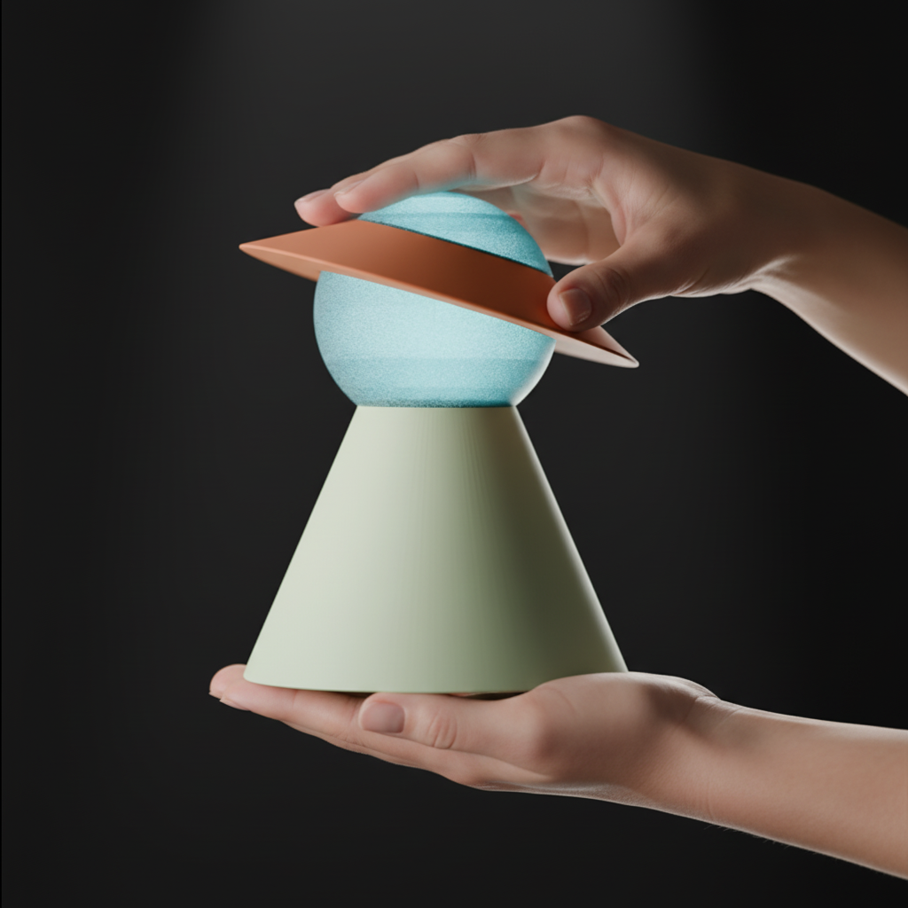 Modern Globe Desk Lamp render close up macro dark background hand touching sphere top