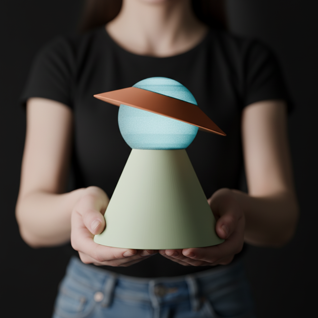 Modern Globe Desk Lamp render on pale oak shelf beside succulent and ceramic mug geometric tile background