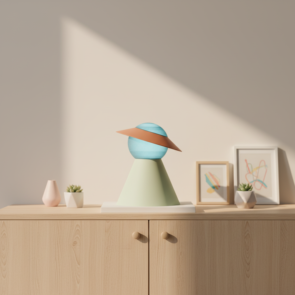 Modern Globe Desk Lamp render on pale sideboard beside framed art succulents warm afternoon window light