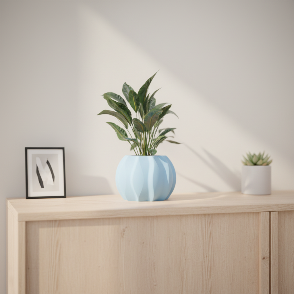 Modern Ripple Planter render on warm oak desk with geometric art props pastel background