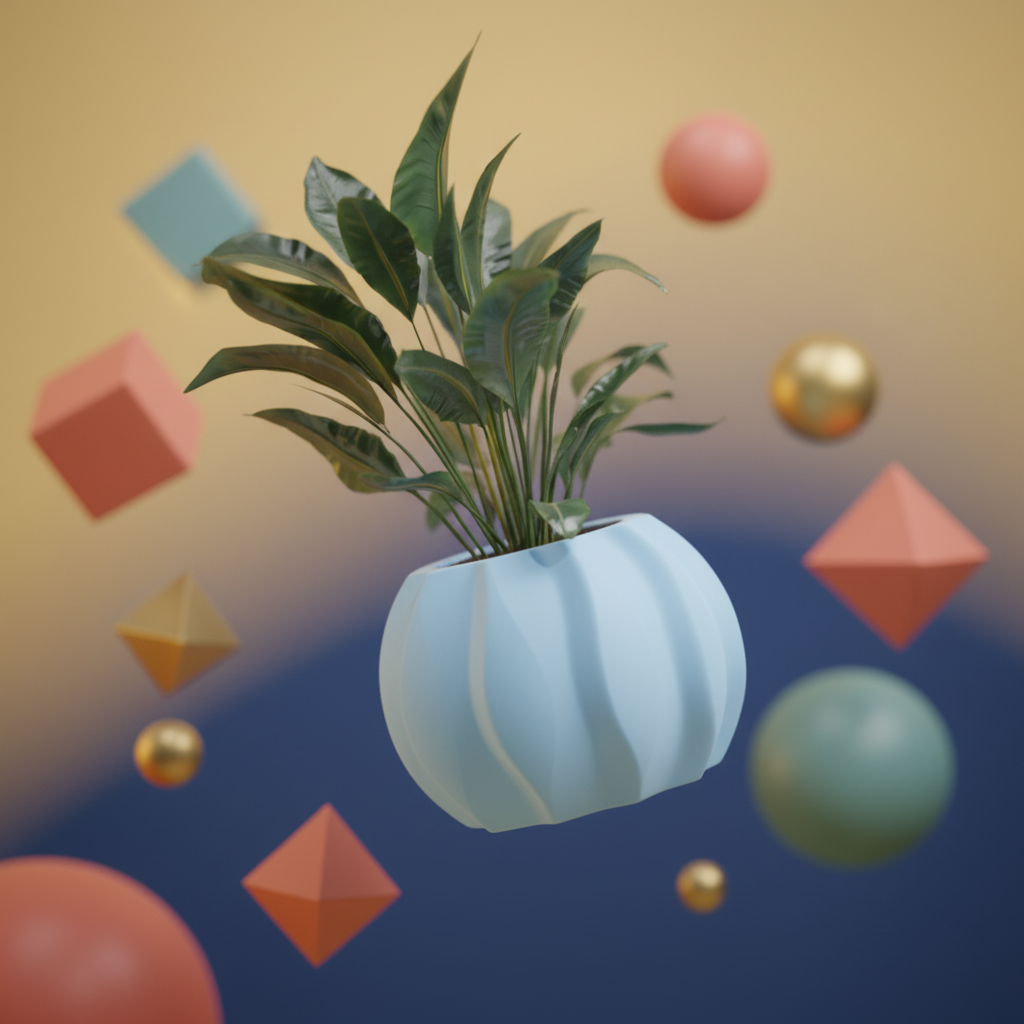 Modern Wave-Pattern Planter low wide globe pumpkin-ribbed form swirling dynamic wave panel texture soft powder blue matte finish tropical plant floating mid air surrounded by coral pink red geometric shapes gold spheres teal sphere warm orange blue gradient background editorial hero shot