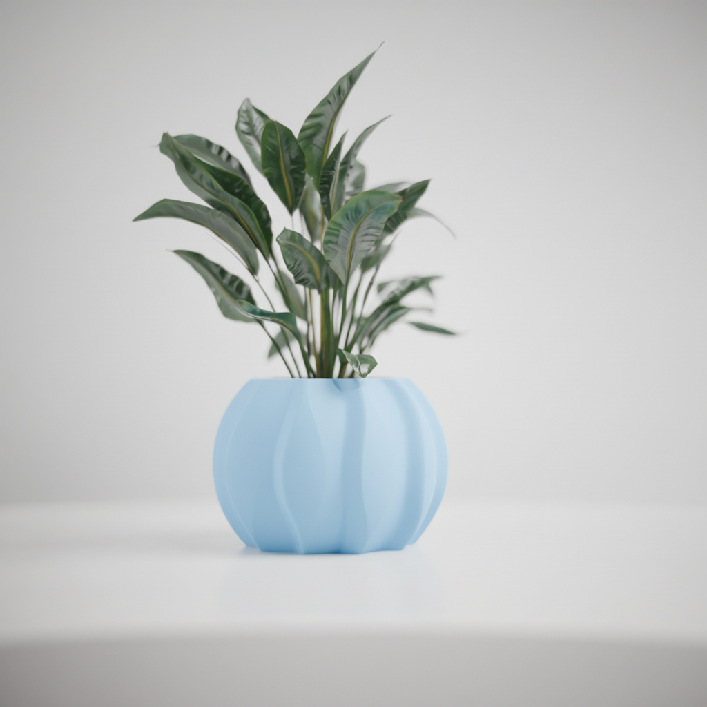 Modern Ripple Planter render close up macro hands holding planter blurred warm interior background