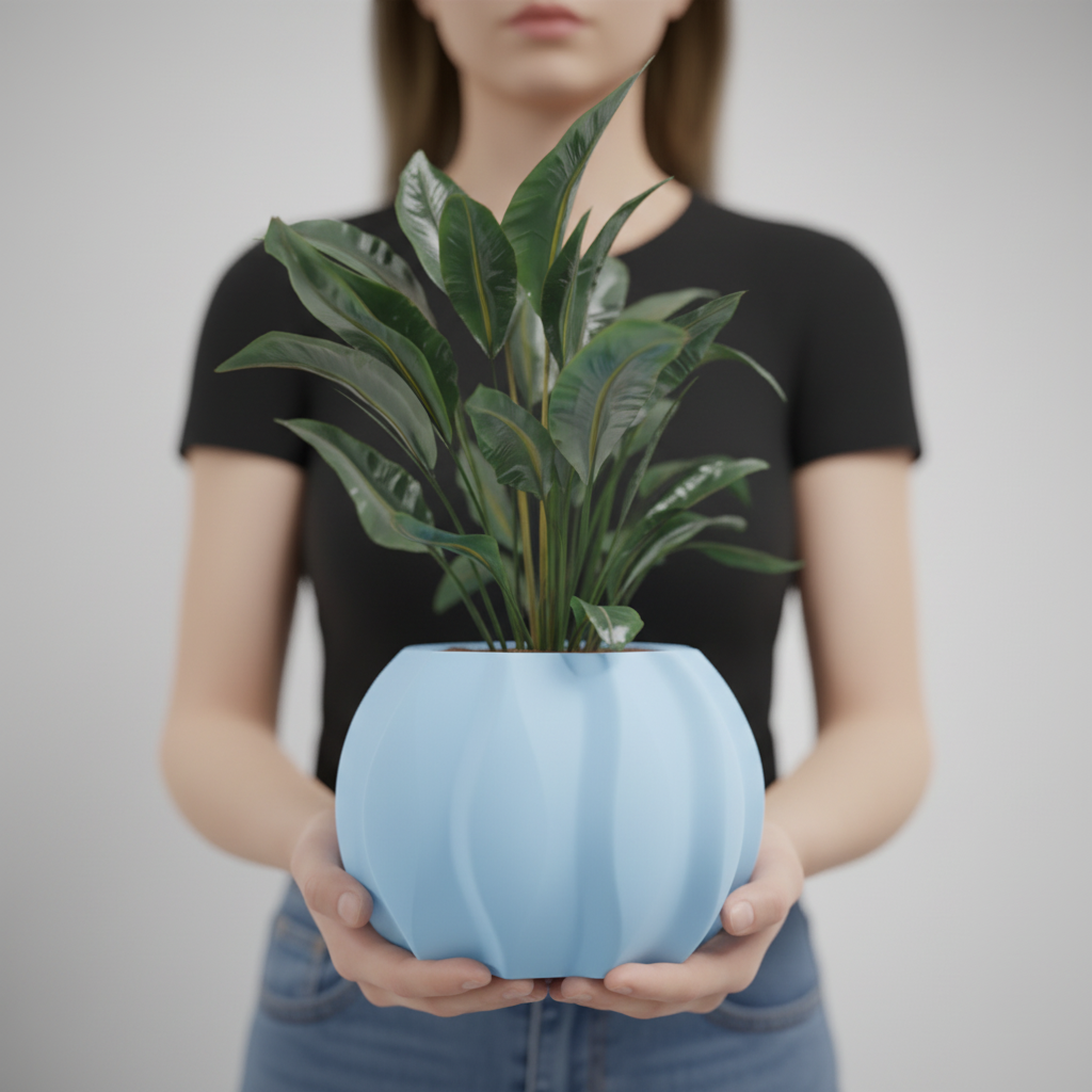 Modern Ripple Planter render surrounded by pastel geometric shapes on white surface editorial product display