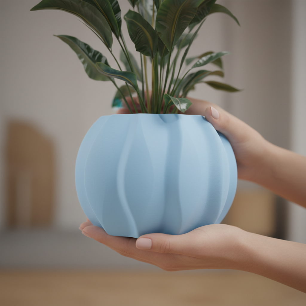 Modern Ripple Planter render on pale wood sideboard with framed abstract art prints warm interior
