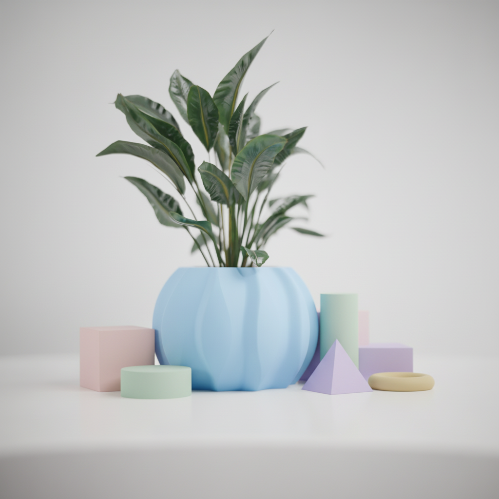 Modern Ripple Planter render on pale wood shelf with white ceramic vase succulent pot diamond tile wall background