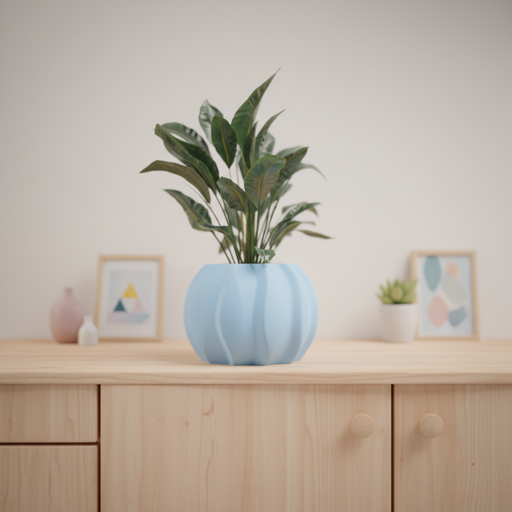 Modern Ripple Planter render on white surface with dried floral arrangement editorial flat lay